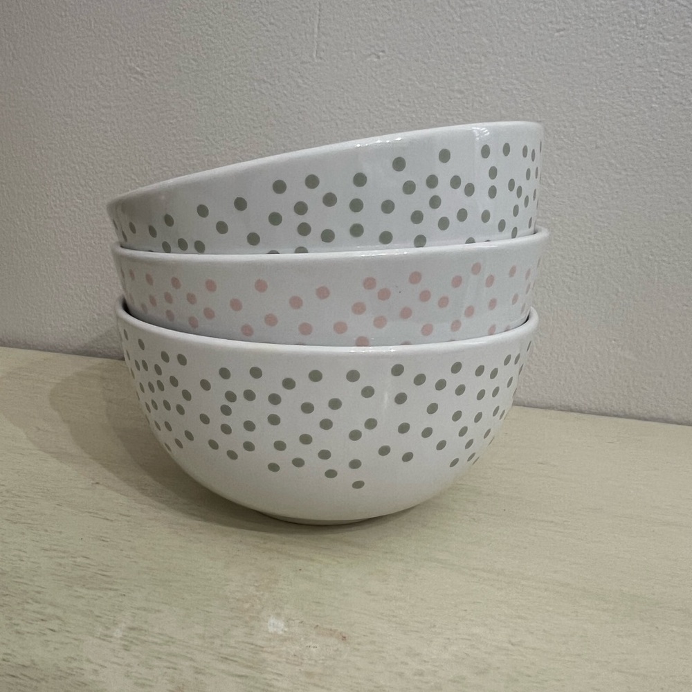 Polka Dot Ceramic Bowls Set - White with Grey or Pink Dots